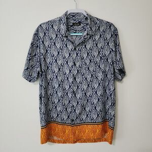 Tasso Elba Men's Silk-Blend Short Sleeve Button-Up Shirt Blue White Orange Sz L